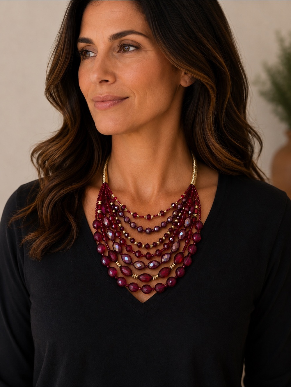 Ruby Red & Gold Multi-Strand Statement Necklace